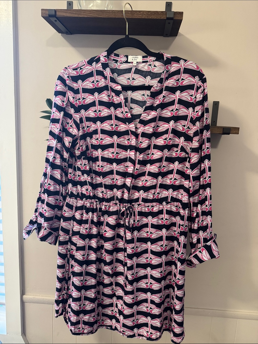 Dragonfly Print Drawstring Tunic Dress - Navy & Pink Size 12